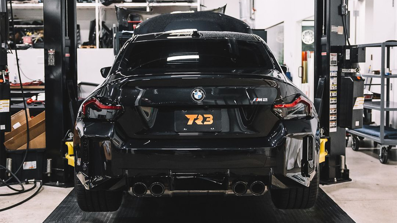Gabe Florido's 2024 BMW M2 installed with Fi EXHAUST new single front-mid pipe setup for deeper exhaust note.