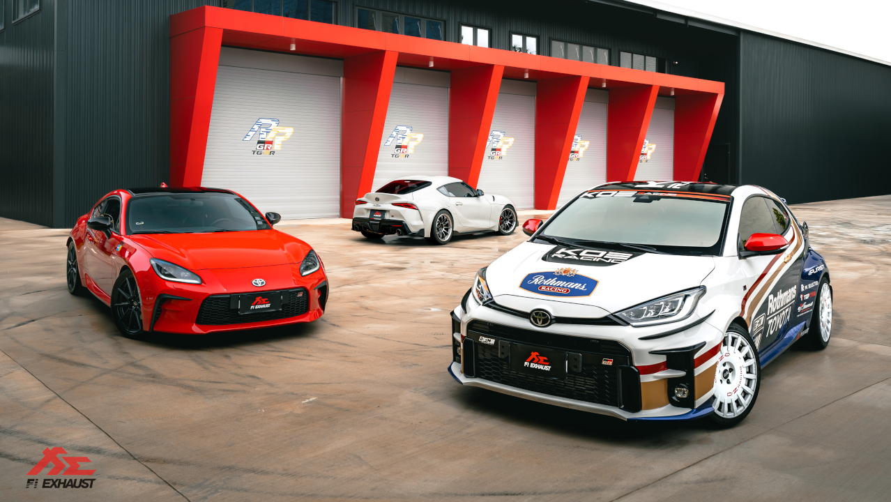 GR Yaris, GR86 and GR Supra parked in front of GR Garage Taiwan all equipped with Fi EXHAUST performance valvetronic exhaust.