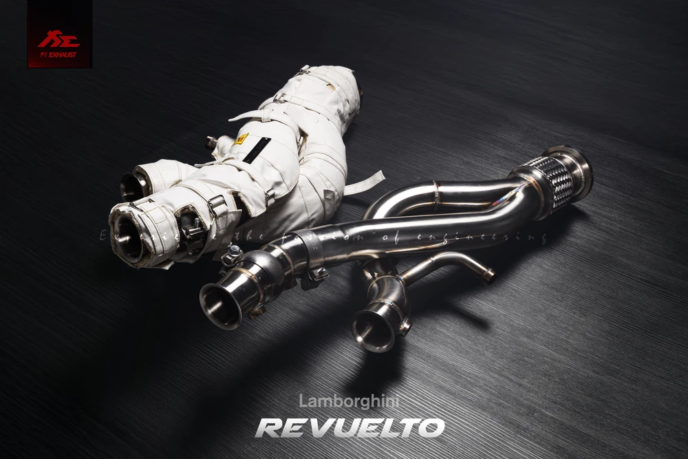Fi EXHAUST catless downpipes with a heat jacket for Lamborghini Revuelto that provides an OBD dongle solution to clear a CEL when replacing factory catalytic converters.